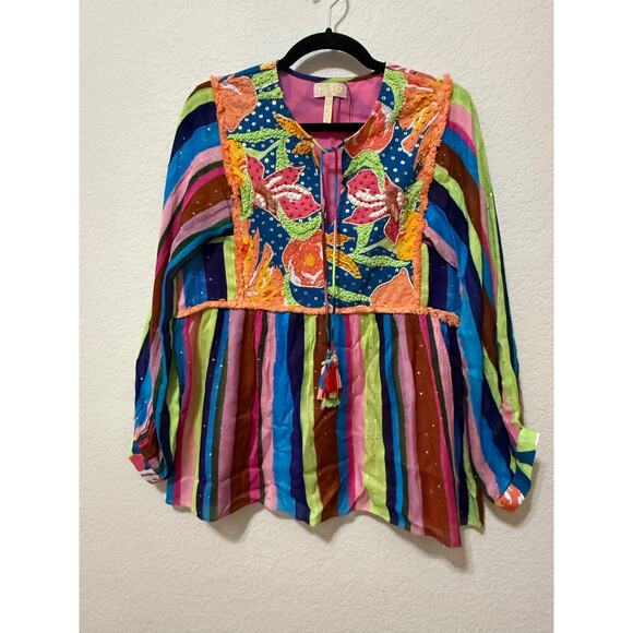 Anthropologie Verb by Pallavi Singhee Boho Embroidered Sequin Tassel Tunic Top M - Picture 1 of 5